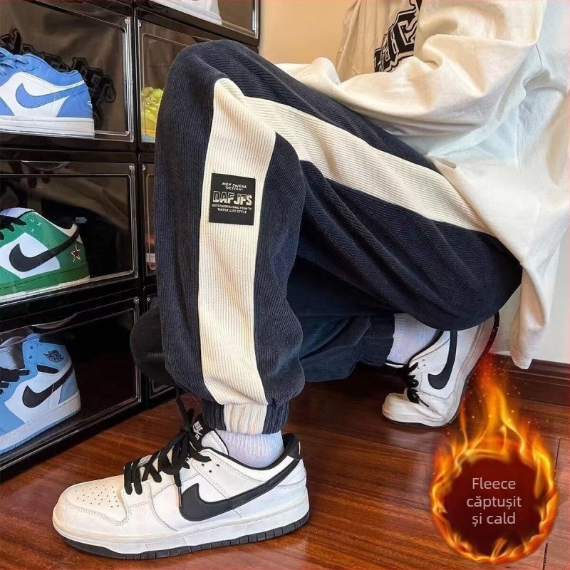 Pantaloni jogger casual pentru bărbați, croială lejeră, fleece, talie medie, închidere cu șiret, pentru relaxare