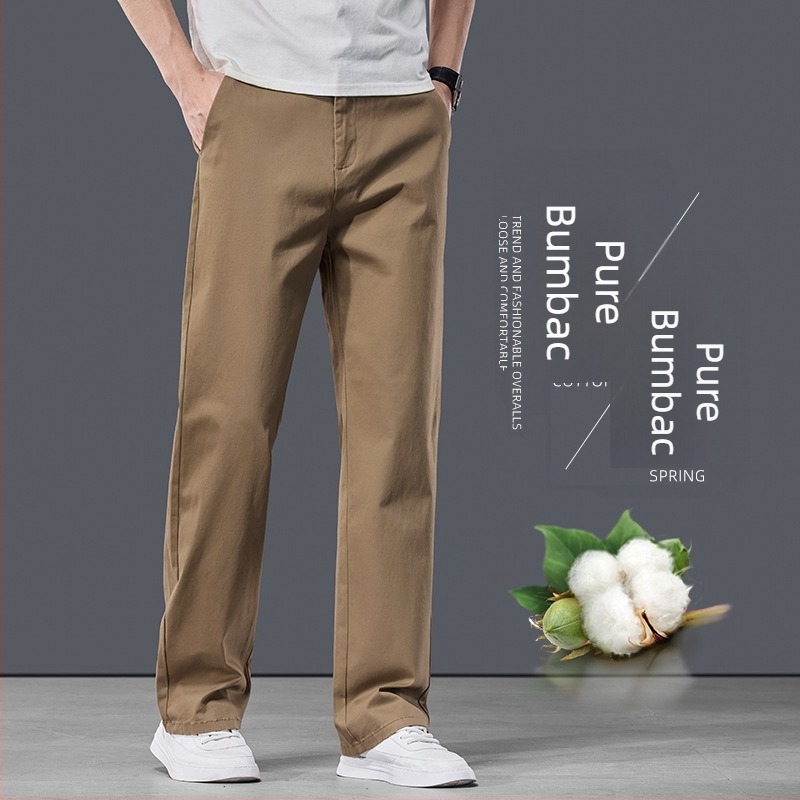 Pantaloni casual pentru bărbați din bumbac, croială dreaptă, talie medie, fermoar, microelastic