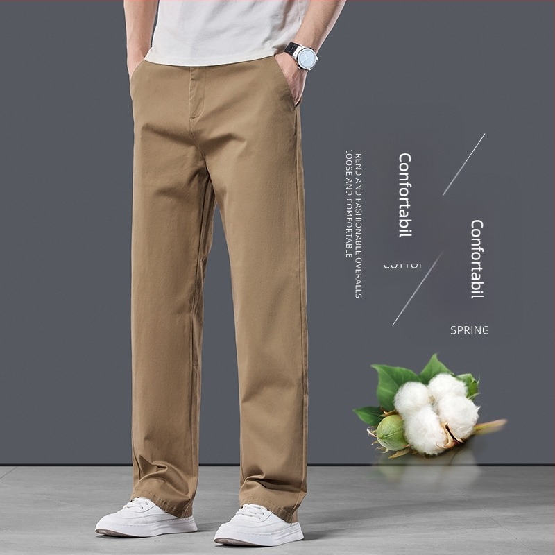 Pantaloni casual pentru bărbați din bumbac, croială dreaptă, talie medie, fermoar, microelastic