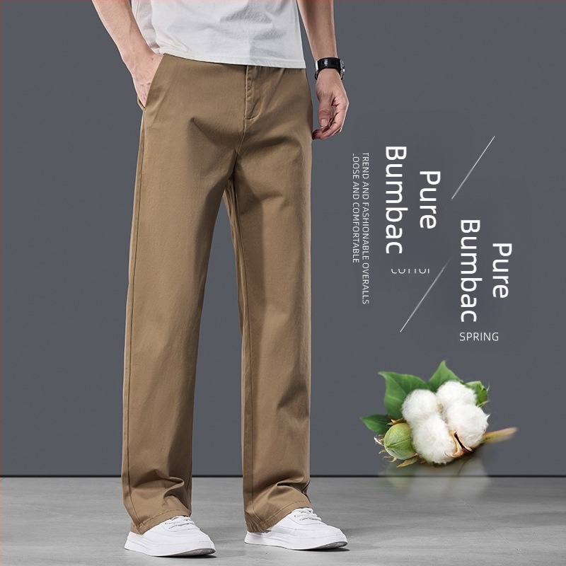 Pantaloni casual pentru bărbați din bumbac, croială dreaptă, talie medie, fermoar, microelastic
