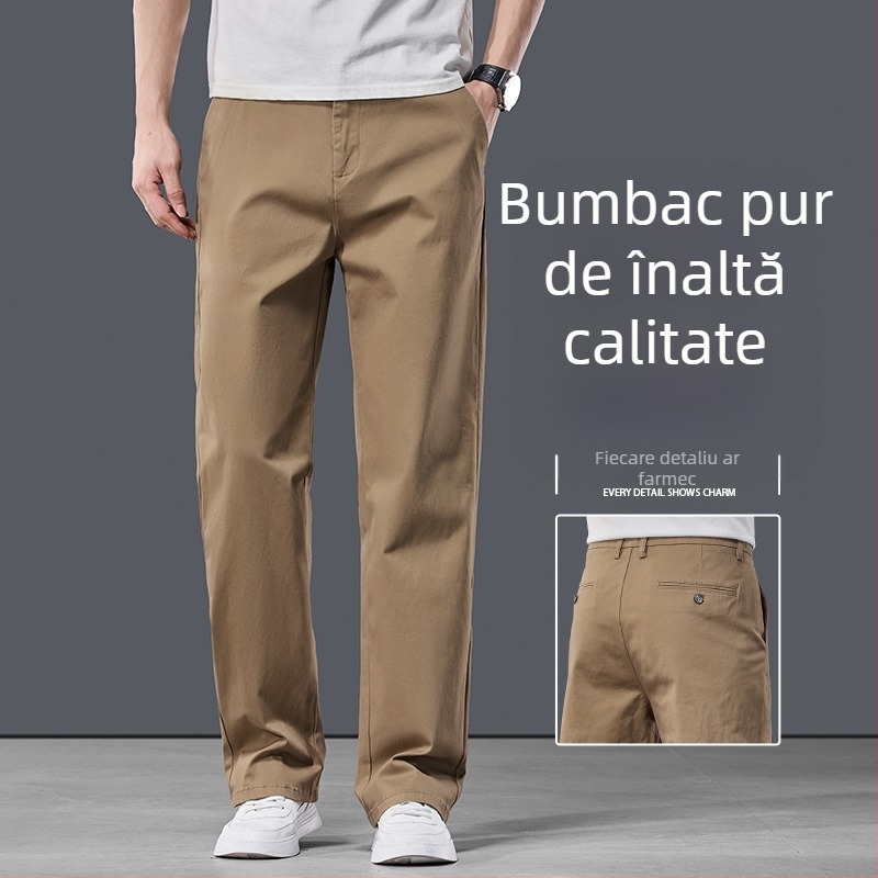 Pantaloni casual pentru bărbați din bumbac, croială dreaptă, talie medie, fermoar, microelastic