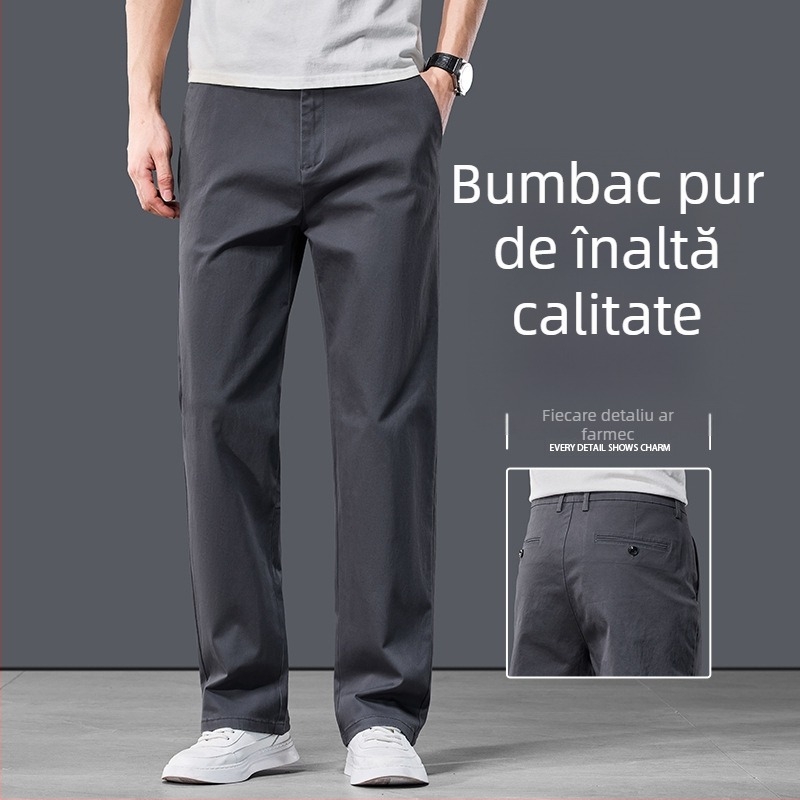 Pantaloni casual pentru bărbați din bumbac, croială dreaptă, talie medie, fermoar, microelastic