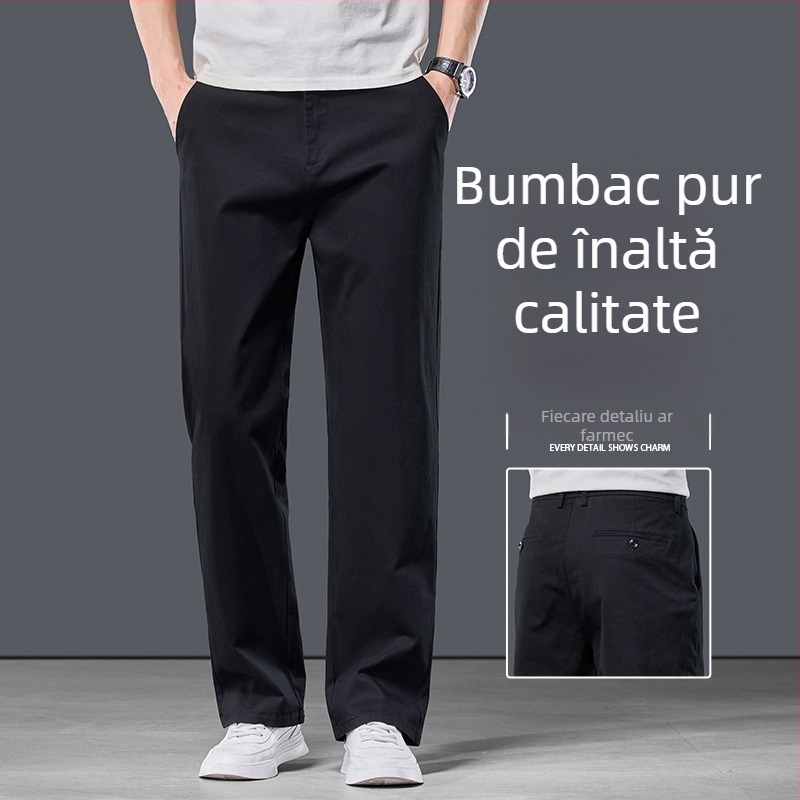 Pantaloni casual pentru bărbați din bumbac, croială dreaptă, talie medie, fermoar, microelastic