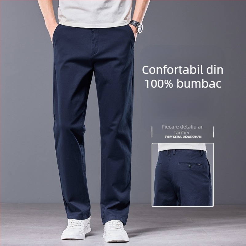 Pantaloni casual pentru bărbați din bumbac, croială dreaptă, talie medie, fermoar, microelastic