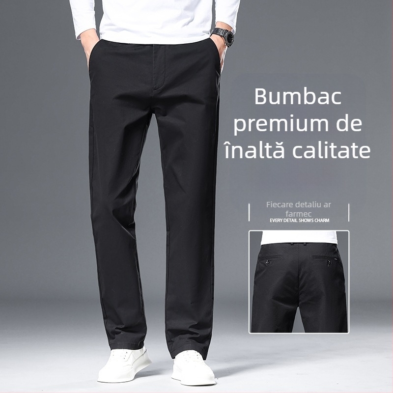 Pantaloni casual pentru bărbați din bumbac, croială dreaptă, talie medie, fermoar, microelastic