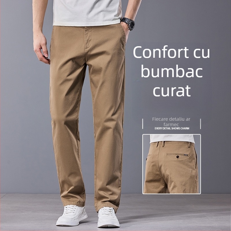 Pantaloni casual pentru bărbați din bumbac, croială dreaptă, talie medie, fermoar, microelastic