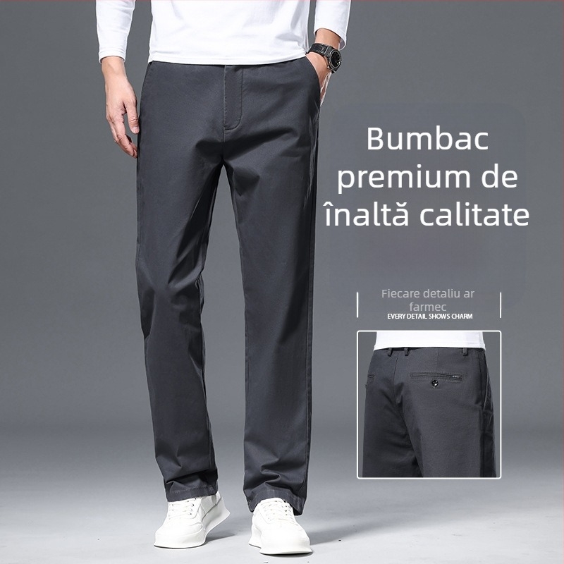 Pantaloni casual pentru bărbați din bumbac, croială dreaptă, talie medie, fermoar, microelastic