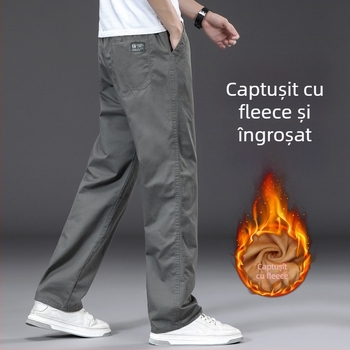 Pantaloni casual drept, căldură de iarnă, amestec din fibre de bambus și bumbac spălat, talie medie-înaltă, șnur pentru închidere, buzunare, 2025 iarnă