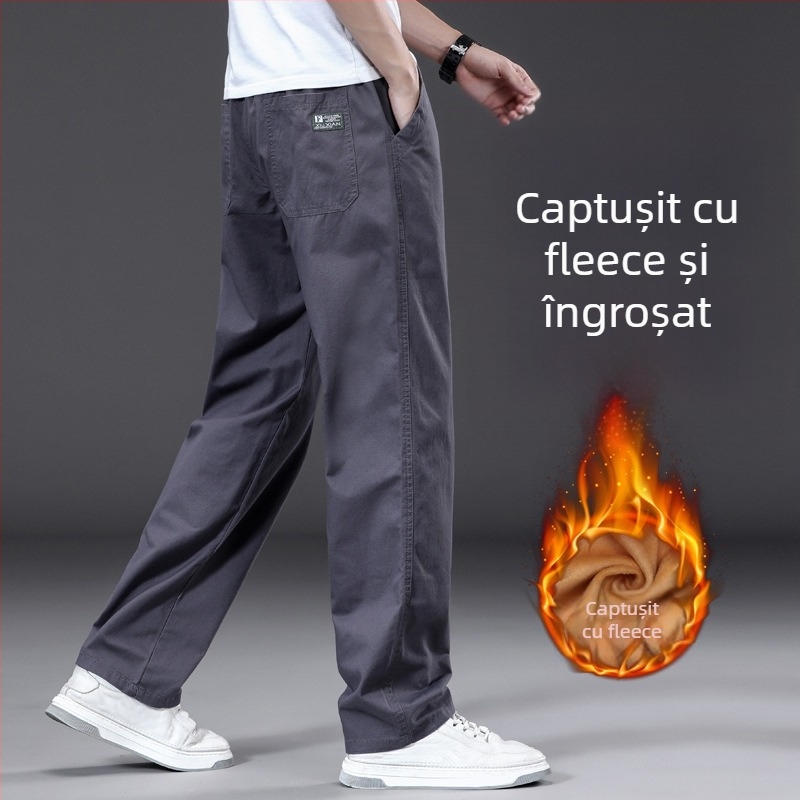 Pantaloni casual drept, căldură de iarnă, amestec din fibre de bambus și bumbac spălat, talie medie-înaltă, șnur pentru închidere, buzunare, 2025 iarnă