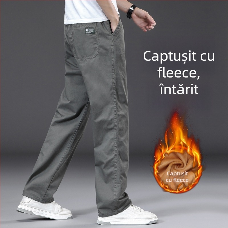 Pantaloni casual drept, căldură de iarnă, amestec din fibre de bambus și bumbac spălat, talie medie-înaltă, șnur pentru închidere, buzunare, 2025 iarnă