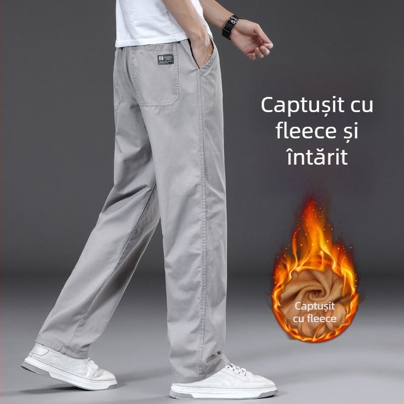 Pantaloni casual drept, căldură de iarnă, amestec din fibre de bambus și bumbac spălat, talie medie-înaltă, șnur pentru închidere, buzunare, 2025 iarnă