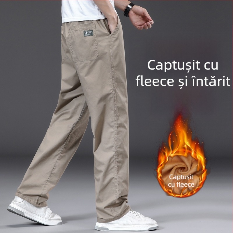 Pantaloni casual drept, căldură de iarnă, amestec din fibre de bambus și bumbac spălat, talie medie-înaltă, șnur pentru închidere, buzunare, 2025 iarnă