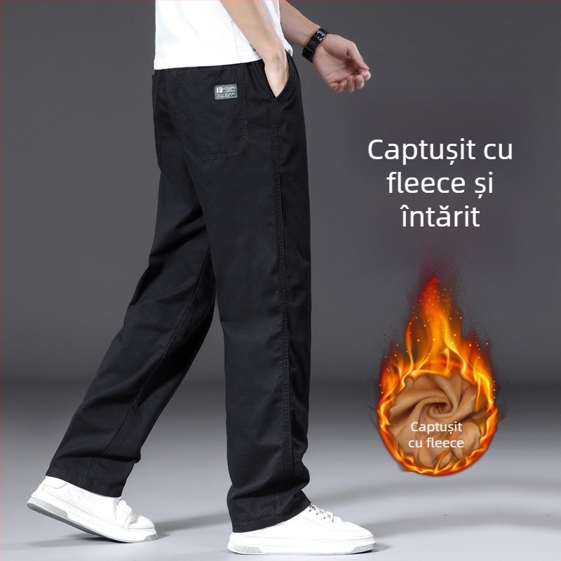 Pantaloni casual drept, căldură de iarnă, amestec din fibre de bambus și bumbac spălat, talie medie-înaltă, șnur pentru închidere, buzunare, 2025 iarnă