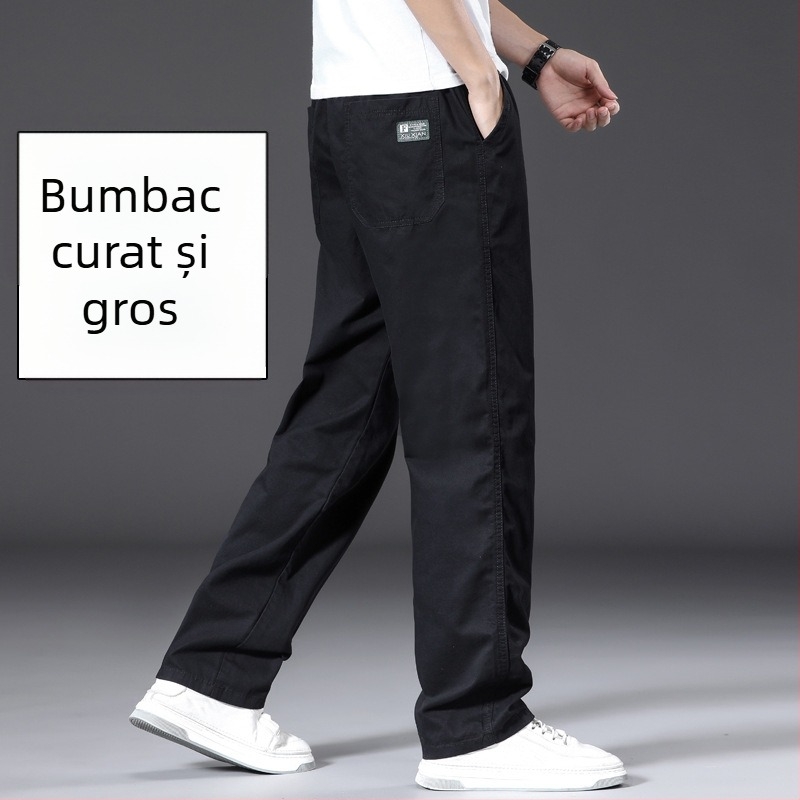 Pantaloni casual drept, căldură de iarnă, amestec din fibre de bambus și bumbac spălat, talie medie-înaltă, șnur pentru închidere, buzunare, 2025 iarnă