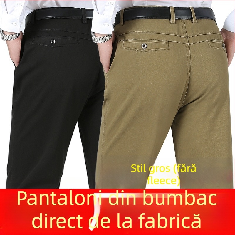Pantaloni business casual pentru bărbați, drepti, talie înaltă, bumbac, țesătură groasă, fermoar