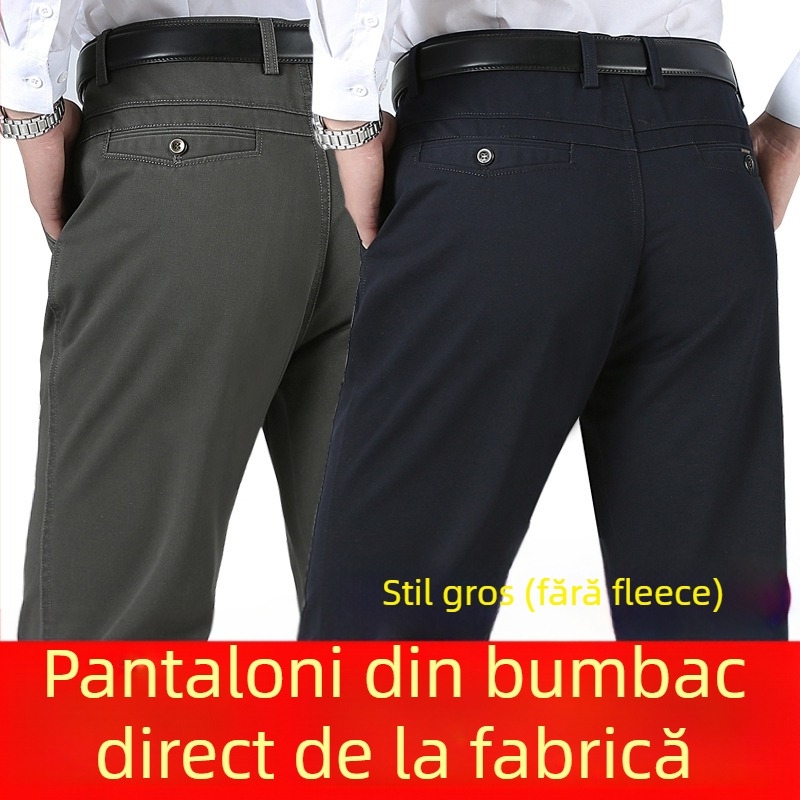Pantaloni business casual pentru bărbați, drepti, talie înaltă, bumbac, țesătură groasă, fermoar