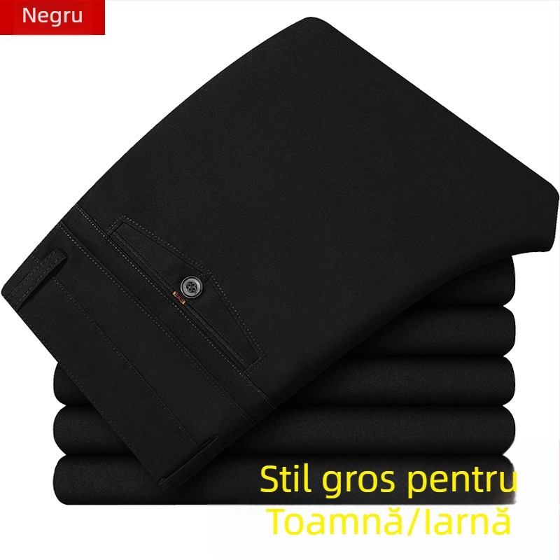 Pantaloni business casual pentru bărbați, drepti, talie înaltă, bumbac, țesătură groasă, fermoar