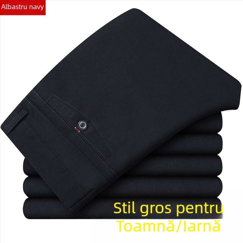 Pantaloni business casual pentru bărbați, drepti, talie înaltă, bumbac, țesătură groasă, fermoar