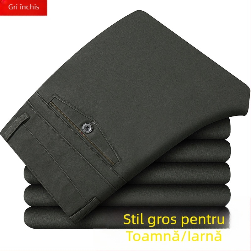Pantaloni business casual pentru bărbați, drepti, talie înaltă, bumbac, țesătură groasă, fermoar