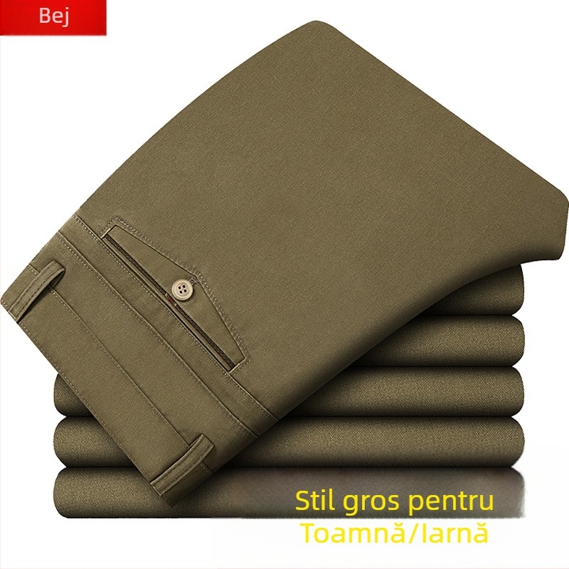 Pantaloni business casual pentru bărbați, drepti, talie înaltă, bumbac, țesătură groasă, fermoar