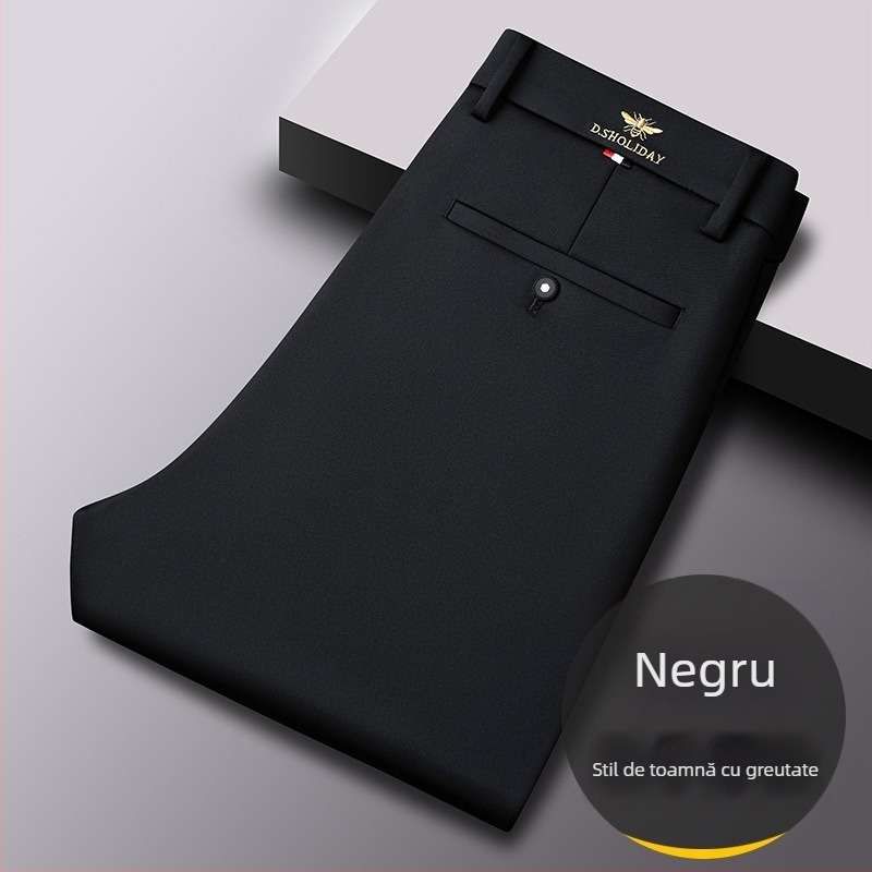 Pantaloni bărbătești business casual, croială dreaptă, talie medie, fermoar, elasticitate înaltă, fără călcare