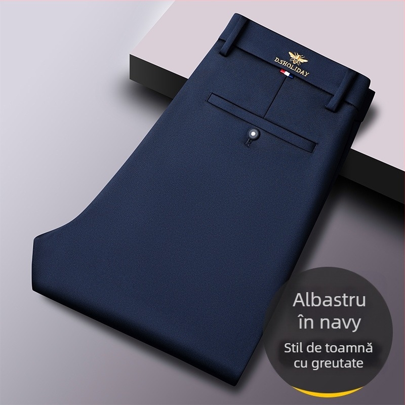 Pantaloni bărbătești business casual, croială dreaptă, talie medie, fermoar, elasticitate înaltă, fără călcare