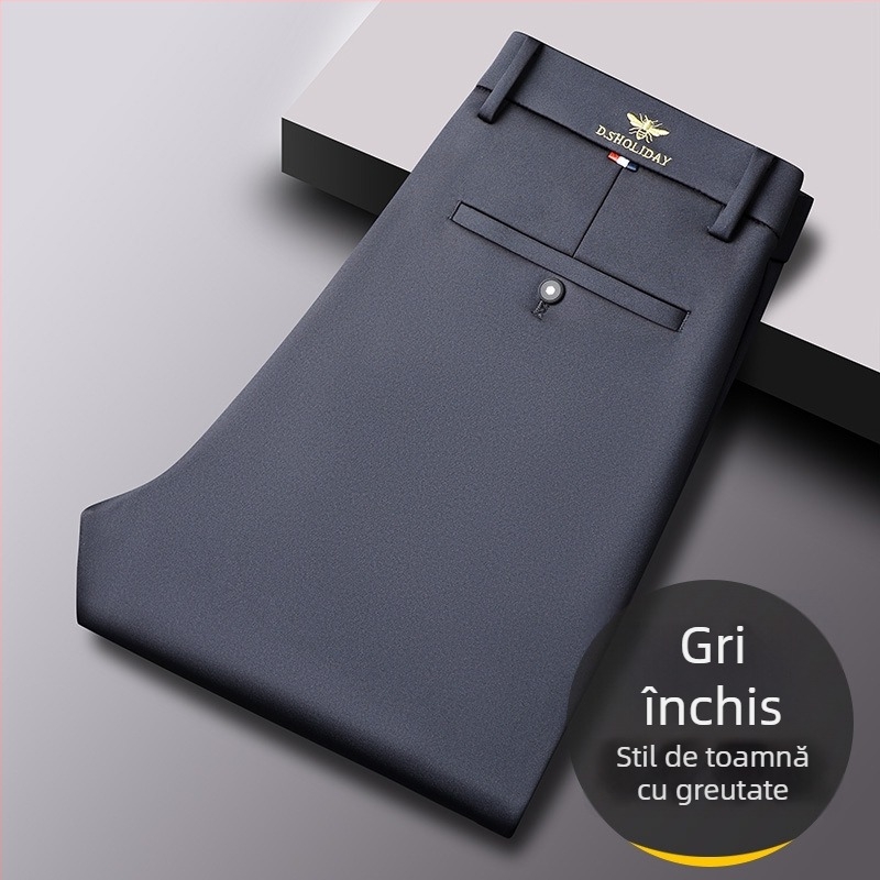 Pantaloni bărbătești business casual, croială dreaptă, talie medie, fermoar, elasticitate înaltă, fără călcare