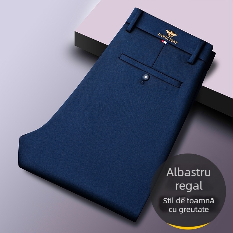 Pantaloni bărbătești business casual, croială dreaptă, talie medie, fermoar, elasticitate înaltă, fără călcare