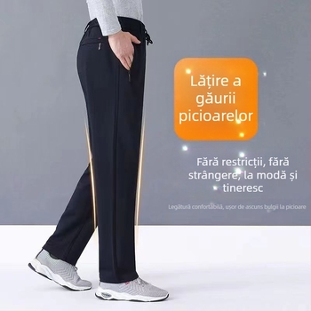 Pantaloni casual de iarnă cu căptușeală fleece, croială dreaptă, talie înaltă, șnur pentru strângere, pentru bărbați, toate anotimpurile