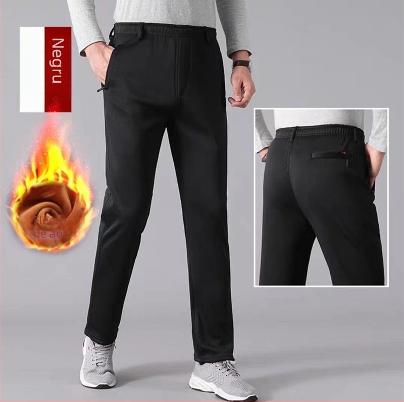 Pantaloni casual de iarnă cu căptușeală fleece, croială dreaptă, talie înaltă, șnur pentru strângere, pentru bărbați, toate anotimpurile