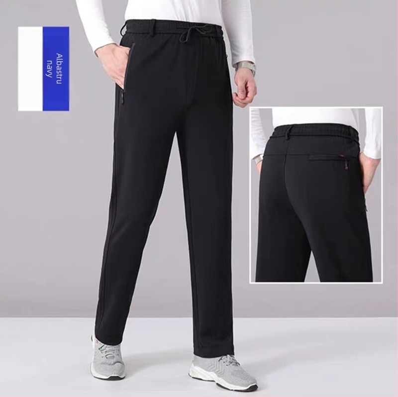 Pantaloni casual de iarnă cu căptușeală fleece, croială dreaptă, talie înaltă, șnur pentru strângere, pentru bărbați, toate anotimpurile