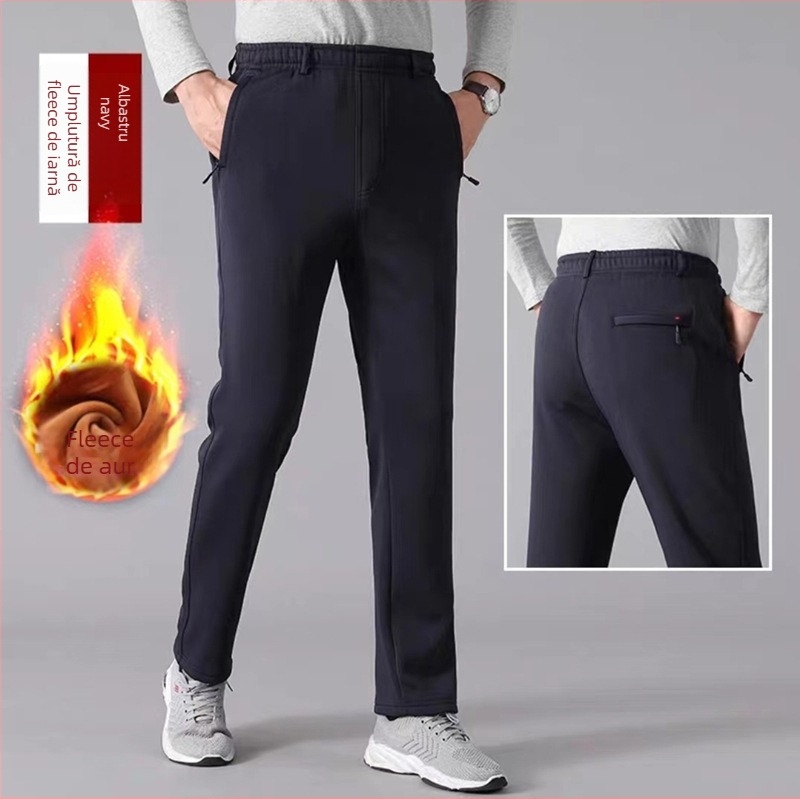 Pantaloni casual de iarnă cu căptușeală fleece, croială dreaptă, talie înaltă, șnur pentru strângere, pentru bărbați, toate anotimpurile