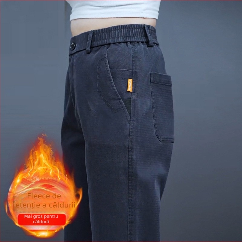 Pantaloni casual bărbați cu căptușeală fleece, croială dreaptă lejeră, talie medie, fermoar, țesătură groasă din amestec lyocell