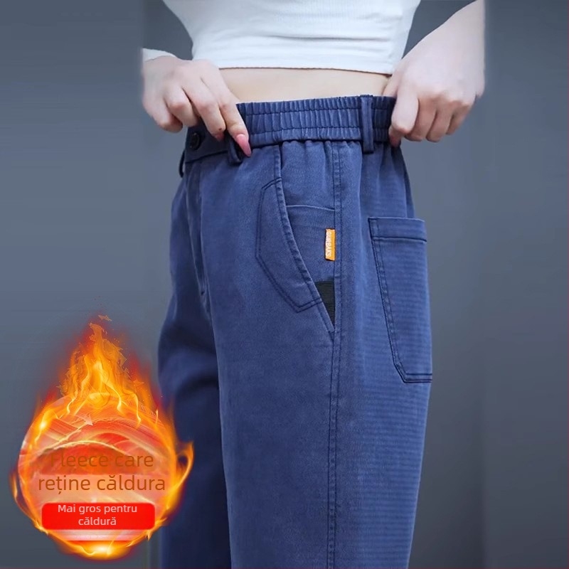 Pantaloni casual bărbați cu căptușeală fleece, croială dreaptă lejeră, talie medie, fermoar, țesătură groasă din amestec lyocell