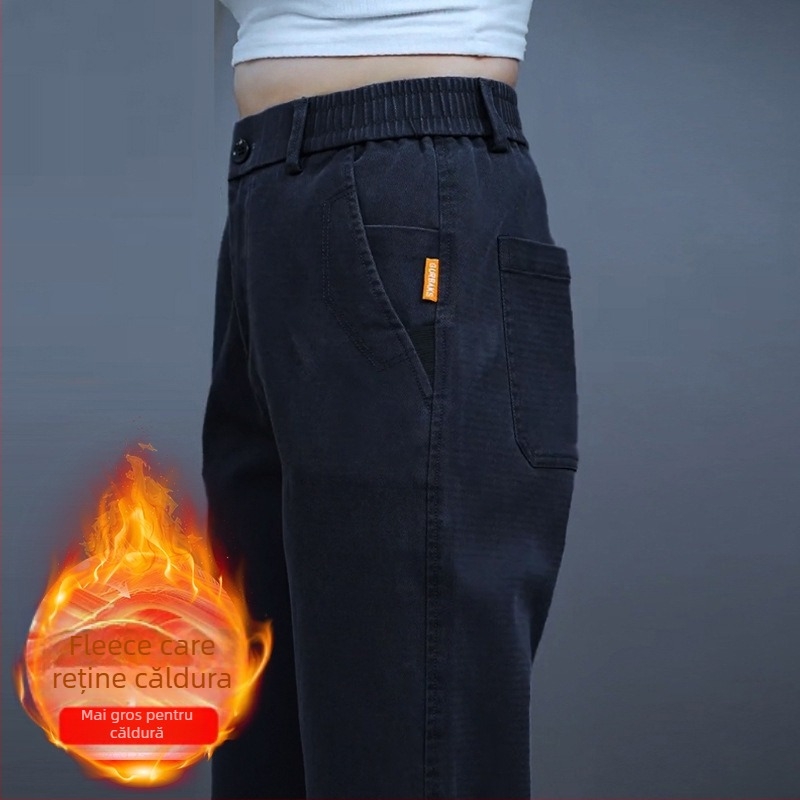 Pantaloni casual bărbați cu căptușeală fleece, croială dreaptă lejeră, talie medie, fermoar, țesătură groasă din amestec lyocell