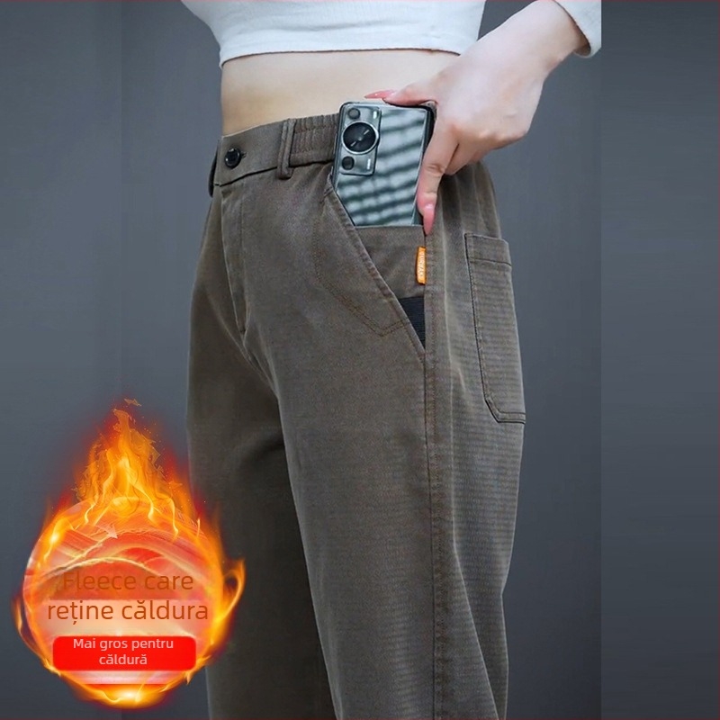 Pantaloni casual bărbați cu căptușeală fleece, croială dreaptă lejeră, talie medie, fermoar, țesătură groasă din amestec lyocell