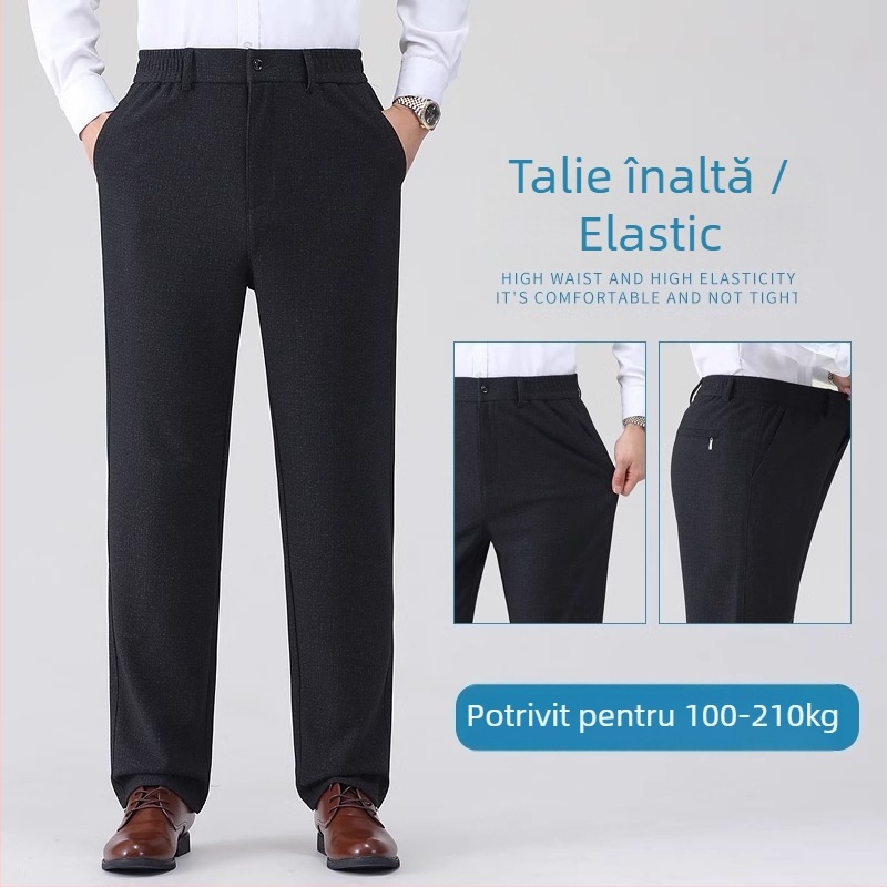 Pantaloni casual bărbați drepti, talie medie, fermoar, amestec poliester, elasticitate medie