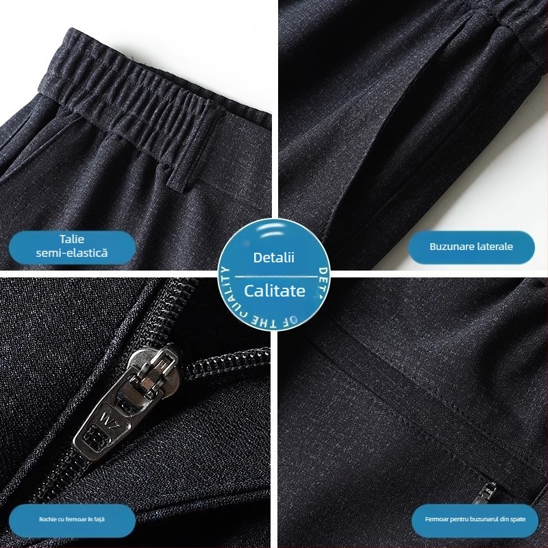 Pantaloni casual bărbați drepti, talie medie, fermoar, amestec poliester, elasticitate medie