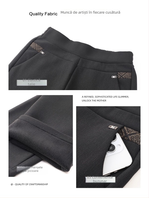 Pantaloni de iarnă cu fleece pentru femei în vârstă, talie înaltă, croială dreaptă, casual (Iarna 2025; poliester >95%; micro-elasticitate)