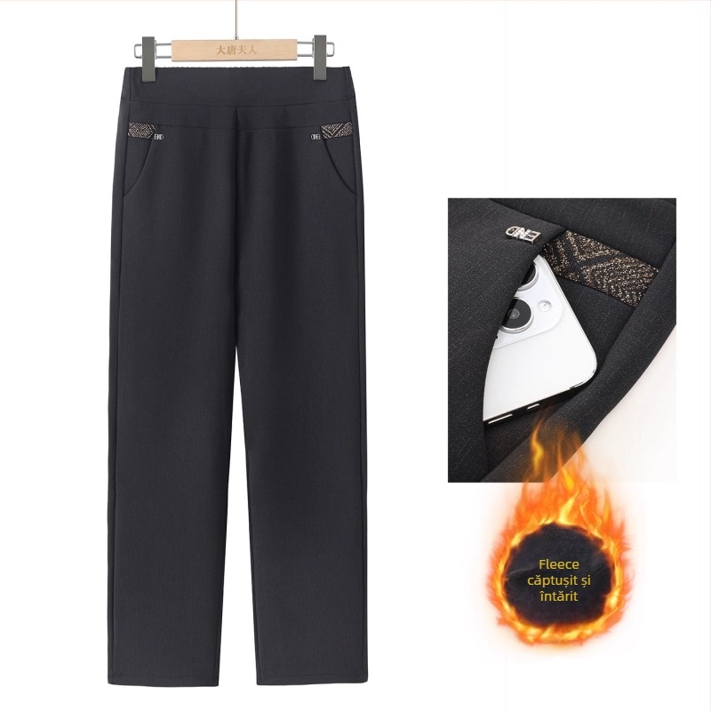 Pantaloni de iarnă cu fleece pentru femei în vârstă, talie înaltă, croială dreaptă, casual (Iarna 2025; poliester >95%; micro-elasticitate)