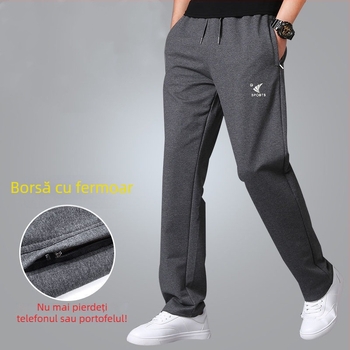 Pantaloni de iarnă pentru bărbați din amestec de bumbac, căptușiți cu fleece, talie medie, buzunare cu fermoar