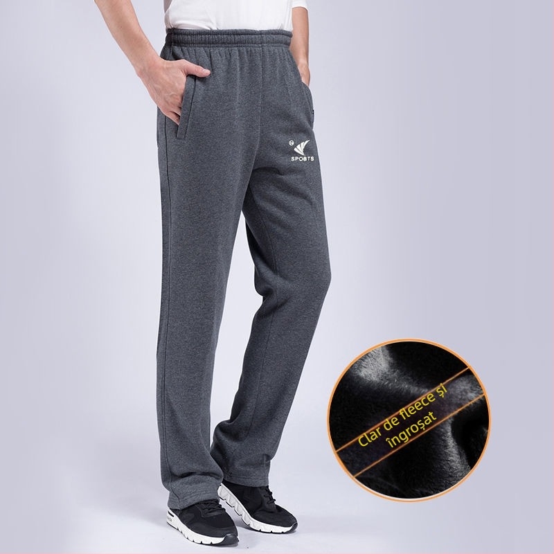 Pantaloni de iarnă pentru bărbați din amestec de bumbac, căptușiți cu fleece, talie medie, buzunare cu fermoar