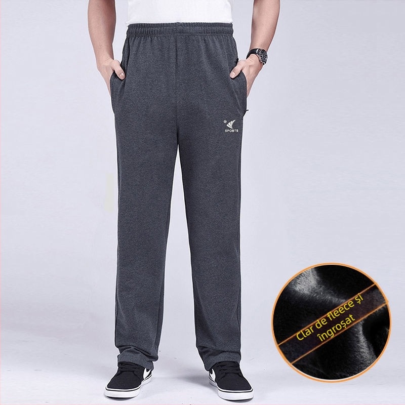 Pantaloni de iarnă pentru bărbați din amestec de bumbac, căptușiți cu fleece, talie medie, buzunare cu fermoar