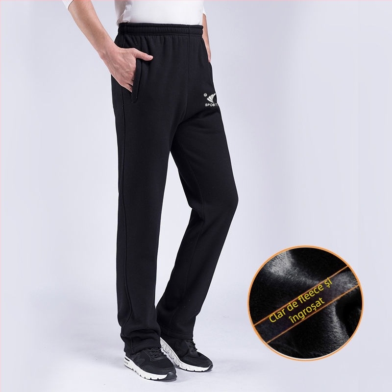 Pantaloni de iarnă pentru bărbați din amestec de bumbac, căptușiți cu fleece, talie medie, buzunare cu fermoar