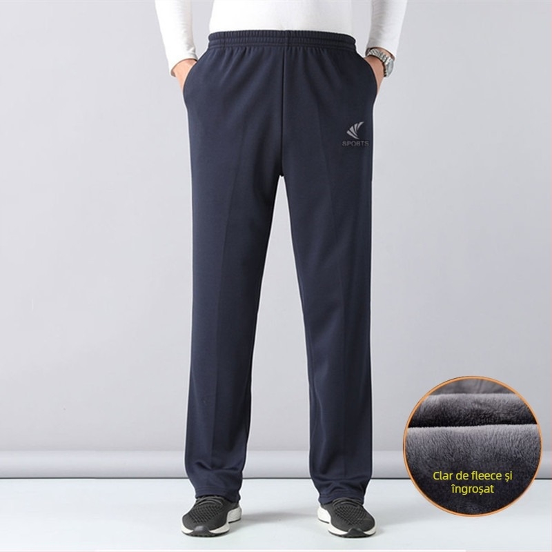 Pantaloni de iarnă pentru bărbați din amestec de bumbac, căptușiți cu fleece, talie medie, buzunare cu fermoar