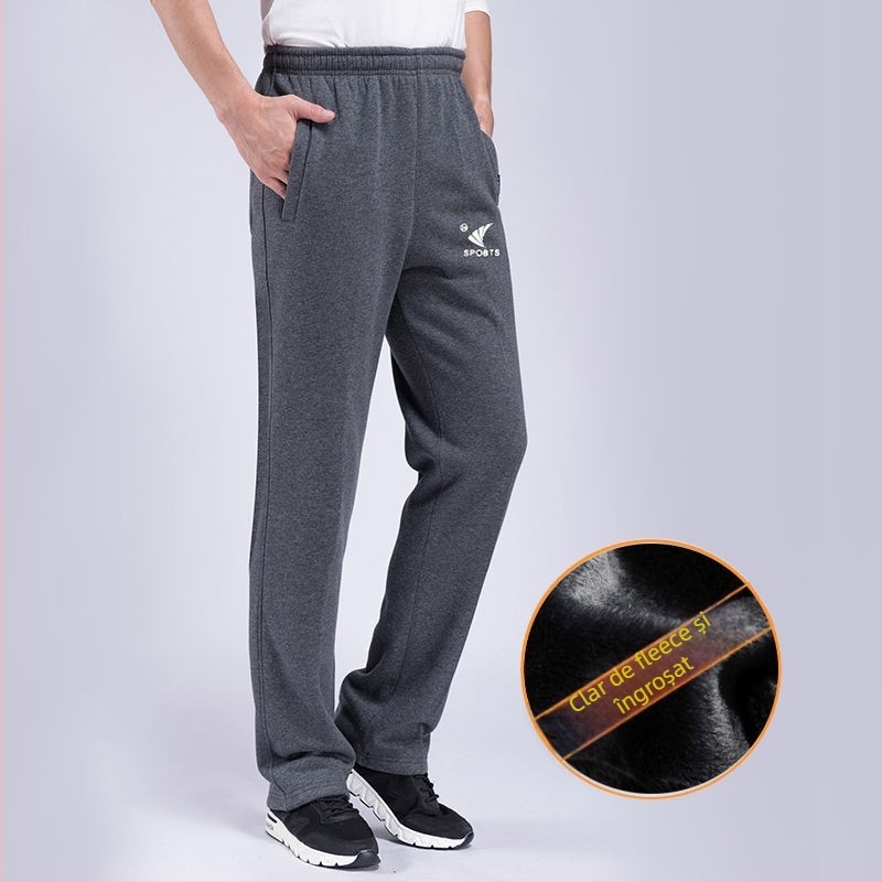 Pantaloni de iarnă pentru bărbați din amestec de bumbac, căptușiți cu fleece, talie medie, buzunare cu fermoar