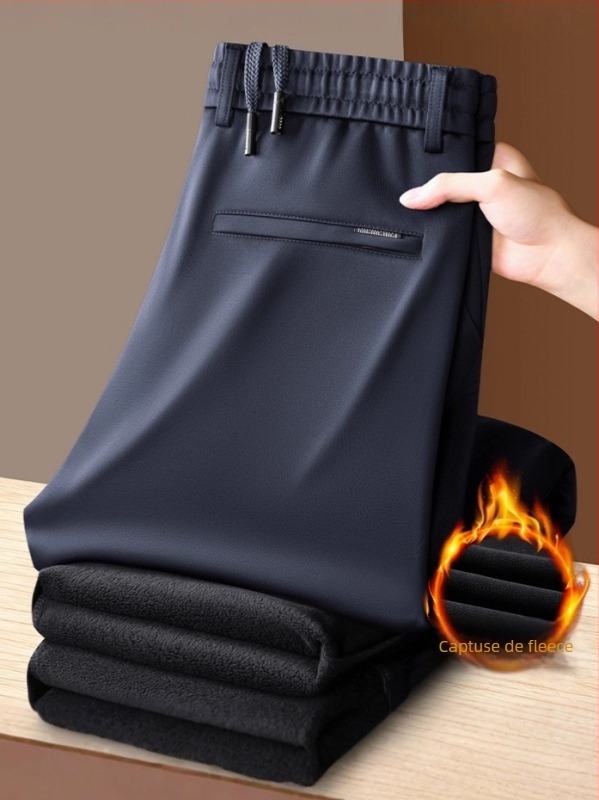 Pantaloni casual pentru bărbați, drepti, căptuțiți cu fleece, țesătură periată, talie medie, cu curea și șnur, potriviți pentru toamnă