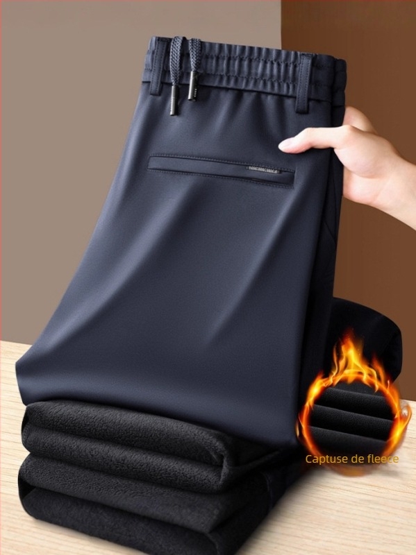 Pantaloni casual pentru bărbați, drepti, căptuțiți cu fleece, țesătură periată, talie medie, cu curea și șnur, potriviți pentru toamnă