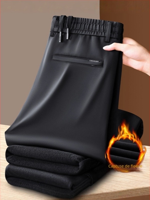 Pantaloni casual pentru bărbați, drepti, căptuțiți cu fleece, țesătură periată, talie medie, cu curea și șnur, potriviți pentru toamnă