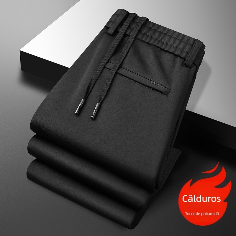 Pantaloni casual pentru bărbați, drepti, căptuțiți cu fleece, țesătură periată, talie medie, cu curea și șnur, potriviți pentru toamnă